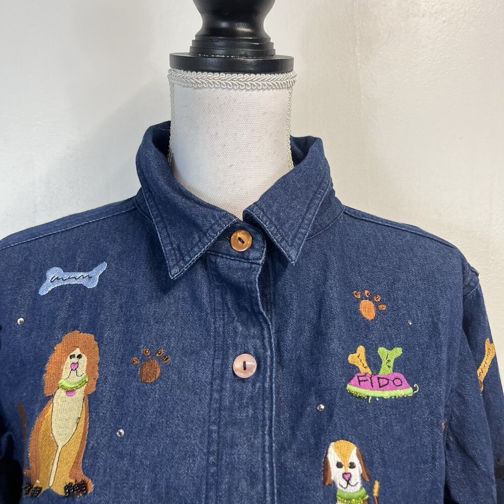 The Quacker Factory Denim Jean Shirt size Small Dogs Dalmatian Embroidery Beads - Picture 3 of 11